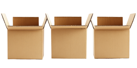 Three Open Cardboard Boxes Lined Up in a Row empty shipping isolated on a transparent background