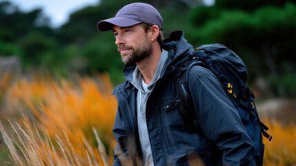 Fototapeta premium A man with a backpack stands among golden grasses in a serene natural landscape, blending adventure with the beauty of autumn foliage and peaceful surroundings.