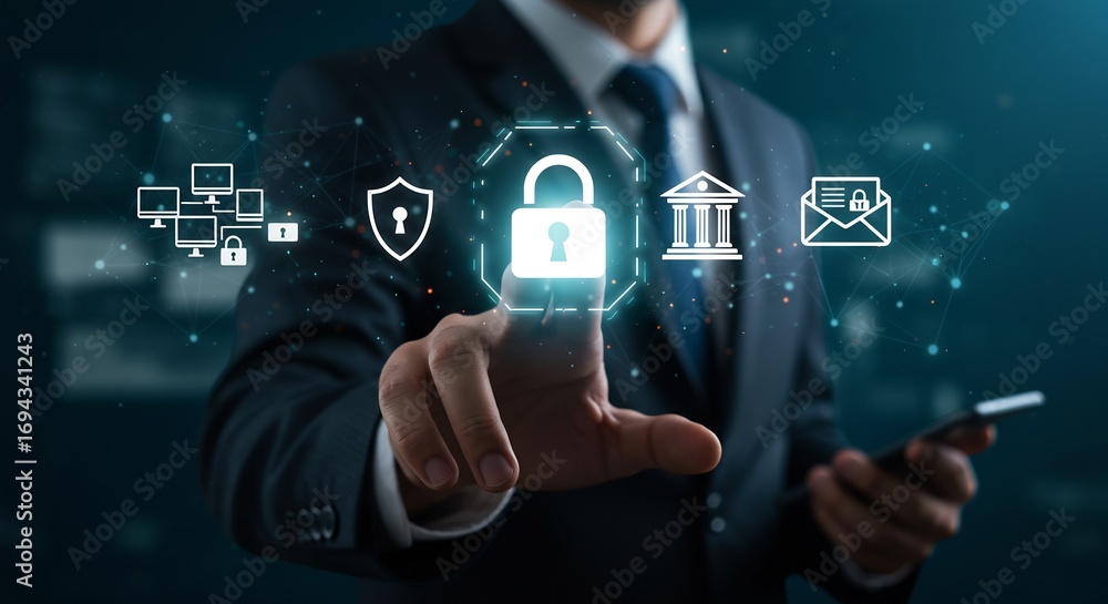 Aufkleber businessman interacting with digital security icons representing data protection and cybersecurity i