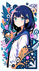 物思いにふける女の子、イラスト、パッチワーク