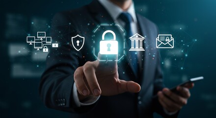 Businessman Interacting with Digital Security Icons Representing Data Protection and Cybersecurity in the Virtual World