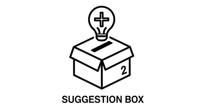 A simple, black line illustration of a suggestion box with a lightbulb, symbolizing ideas and suggestions.