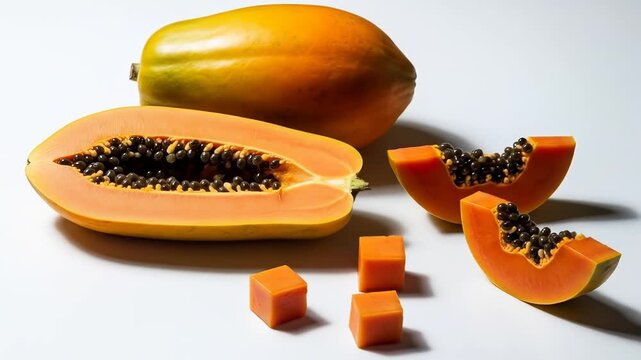 Ripe Papaya Fruit Sliced and Cubed on White Background