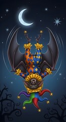 Naklejka premium A whimsical bat dressed as a jester hangs upside down in the night sky under a crescent moon