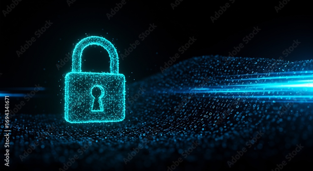Aufkleber futuristic digital security concept with illuminated padlock and data flow on dark background