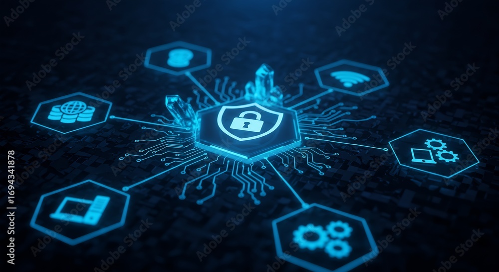 Fototapete digital security and data protection concept: illuminated shield with lock icon and circuitry, repre