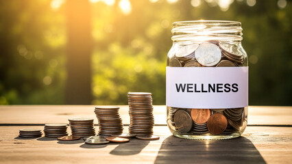 Glass jar filled with coins labeled wellness on a wooden table in nature, stacks of coins gradually increasing in height beside it, savings and financial planning for health and wellbeing concept