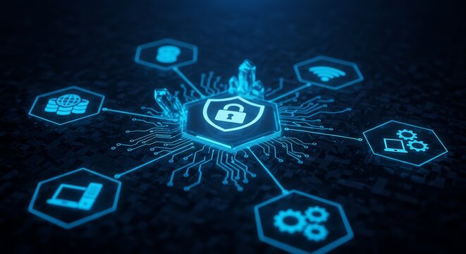 Digital Security and Data Protection Concept: Illuminated Shield with Lock Icon and Circuitry, Representing Network Security and Information Privacy, Blue Tones, 3D Rendering
