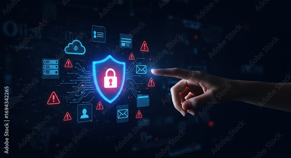Poster digital security and data protection: a human finger interacting with cybersecurity elements, repres