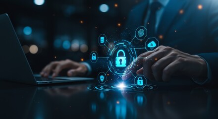 Cyber Security Concept with Businessman Using Laptop and Digital Padlock Icon for Data Protection and Online Privacy