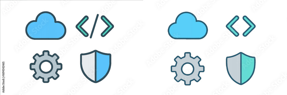 Poster essential digital service icons for cloud data, coding symbols, system configuration, and cybersecur