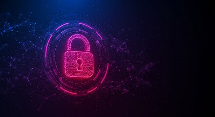 Futuristic Digital Cybersecurity Concept: Glowing Neon Padlock on Abstract Technology Background, Data Protection and Privacy Illustration