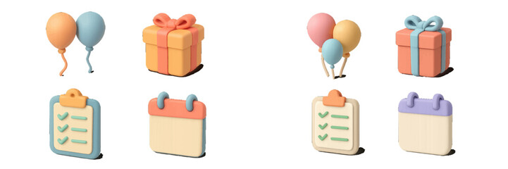 Stylized icons for celebrations, task management, and event planning in a contemporary pastel color palette