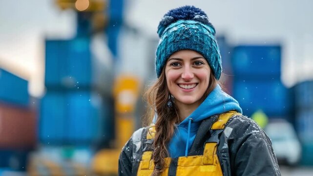 Smiling woman in work gear, wearing a blue hat and layered clothing, standing outdoors with shipping containers in the background.