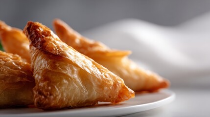 A close-up of golden, flaky pastries arranged on a plate, showcasing their crispy texture and delicious appearance.