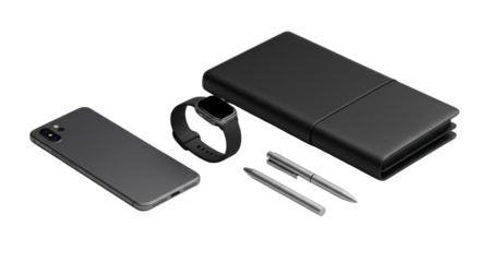 High-end smartphone, premium smartwatch, sleek black business bag, minimalist metallic pen in a precise row on a seamless transparent background with shadowless illumination, high-tech luxury