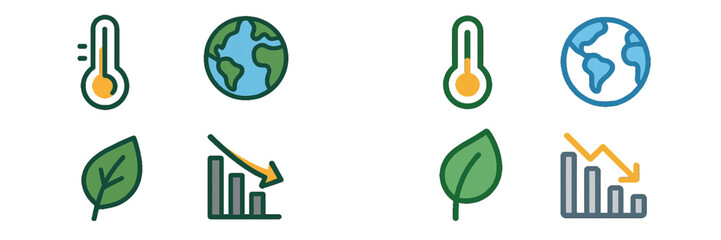 Environmental icons for global climate change, temperature fluctuations, ecological decline, and sustainability