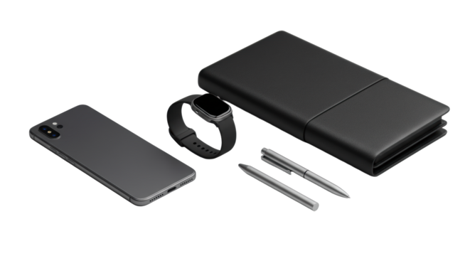 High-end smartphone, premium smartwatch, sleek black business bag, minimalist metallic pen in a precise row on a seamless transparent background with shadowless illumination, high-tech luxury