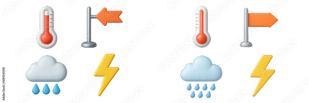 Poster set of 3d style weather forecast and navigation direction icons with thermometer, rain cloud, lightn