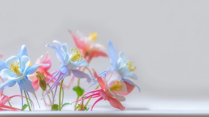 Delicate columbine flowers in pastel colors showcase nature's beauty with soft light against a clean white background