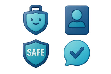 Modern 3D style icons representing digital security, user profiles, safety, and confirmation for web and app interfaces and online services