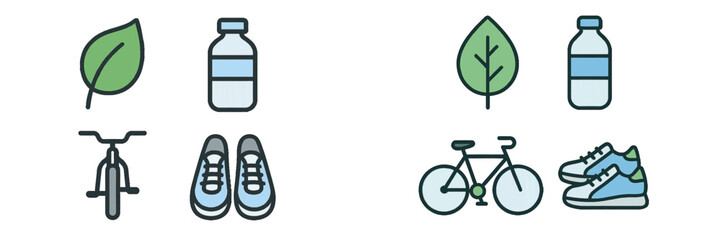 Health and wellness icons representing an active lifestyle with nature, hydration, cycling, and running symbols