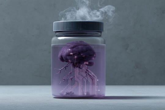 Creepy halloween cyberpunk scene ai brain in glass jar with purple smoke futuristic atmosphere surreal perspective