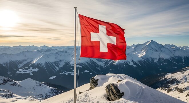 Swiss flag with snowy mountain peak.