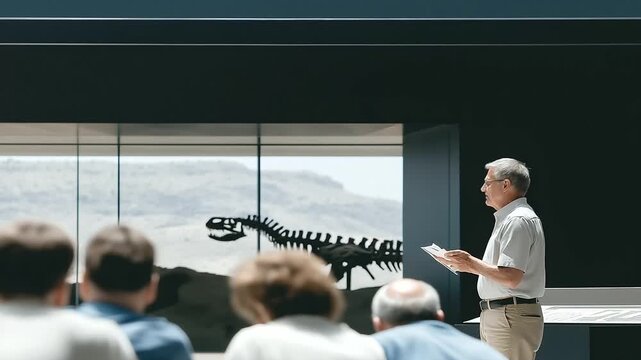 A docent explains a fossil display in a paleontology wing with bones mounted a pointer gesturing visitors taking notes and a diorama of prehistoric life nearby shown in a educ