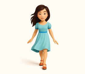 asian girl walking in blue dress cartoon 3D character vector illustration.
