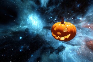Halloween Pumpkin in Cosmic Space with Starry Galaxy Background.