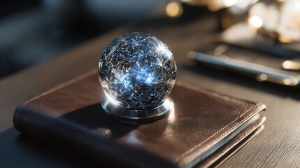 A crystal ball resting on a brown leather journal with a pen in the background on a dark surface
