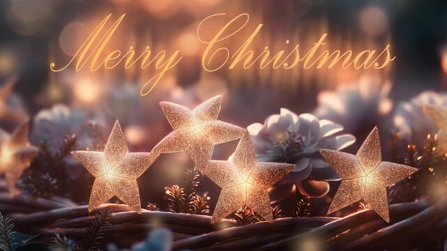 Sparkling stars and flowers create a festive atmosphere for Merry Christmas celebration with warm light