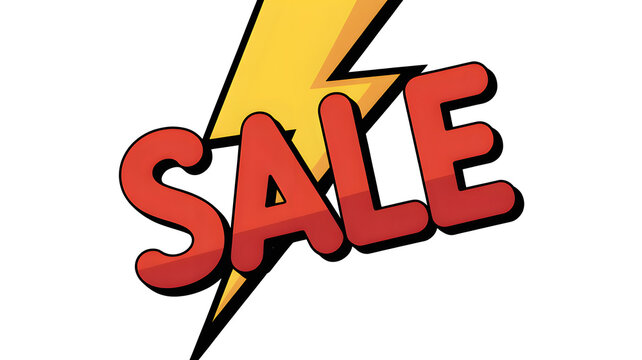 Comic Style SALE Text with Yellow Lightning Bolt, Bright High Contrast Design