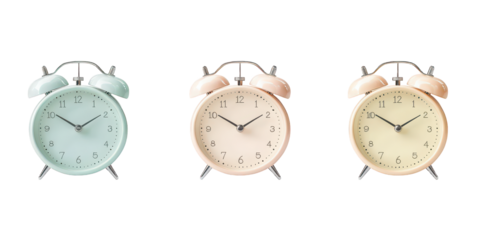 Three Vintage Alarm Clocks in Pastel Colors Keywords: alarm clock, time, vintage, retro isolated on a transparent background