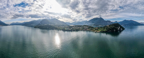 Aerial landscape of Bellagio villa and Lago di Como Lake in Italian Alps fall in Lombardy