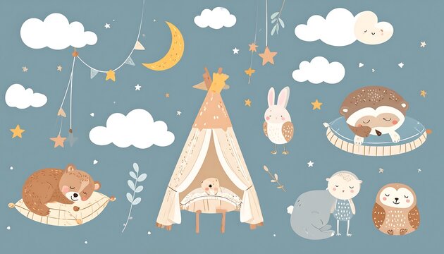 Cute animal silhouettes in a teepee, a calm night sky scene