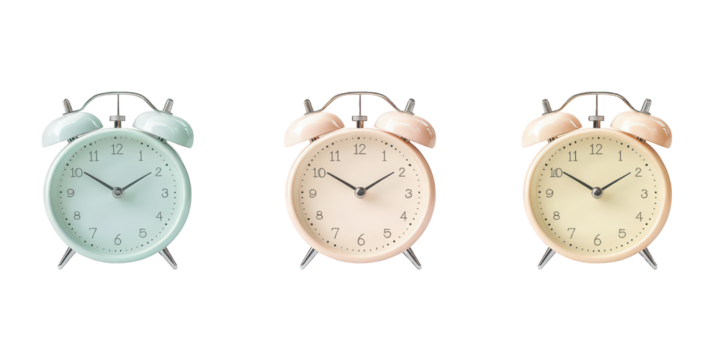 Three Vintage Alarm Clocks in Pastel Colors Keywords: alarm clock, time, vintage, retro isolated on a transparent background - Powered by Adobe