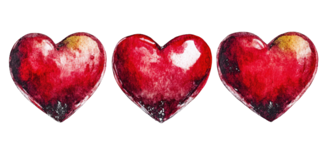 Three Watercolor Red Hearts with Golden Hues on Black paint isolated on a transparent background