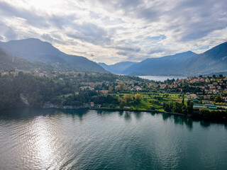 Aerial landscape of Bellagio villa and Lago di Como Lake in Italian Alps fall in Lombardy