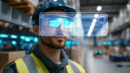 A modern warehouse worker using a sleek holographic interface in a high-tech logistics facility, wearing AR glasses, surrounded by smart shelves and autonomous robots, illuminated by cool LED lights. - Powered by Adobe