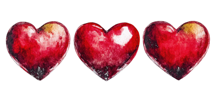 Three Watercolor Red Hearts with Golden Hues on Black paint isolated on a transparent background