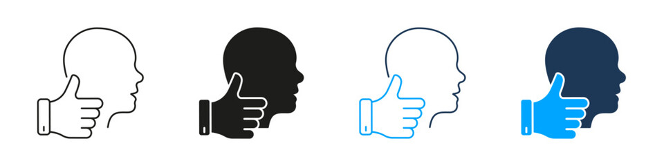 Thumbs Up With Human Head Line And Silhouette Icon Set. Approval, Agreement, And Positive Feedback Symbol Collection. Communication And Social Interaction. Isolated Vector Illustration