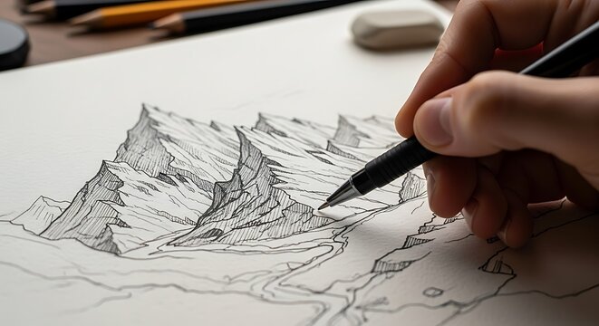 Hand drawing mountain landscape sketch.