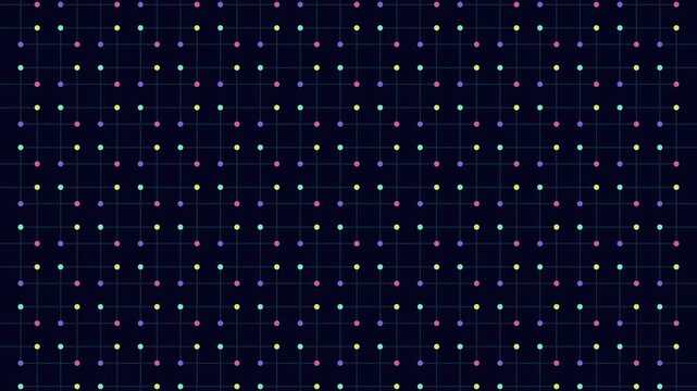 Vibrant colored dots form a grid on the black backdrop, creating a visually stimulating square pattern. Each dot showcases a unique hue, adding a dynamic touch to the symmetrical layout