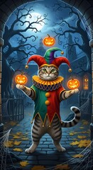 Obraz premium A tabby cat dressed as a jester holds carved pumpkins under a spooky moonlit night