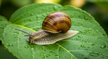 Snail crawling on dewcovered leaf.