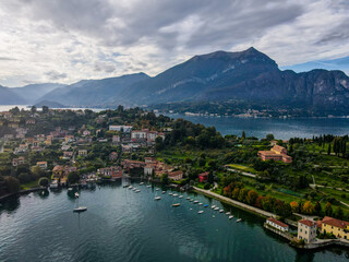 Fototapeta premium Aerial landscape of Bellagio villa and Lago di Como Lake in Italian Alps fall in Lombardy