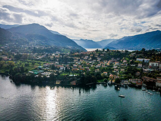 Aerial landscape of Bellagio villa and Lago di Como Lake in Italian Alps fall in Lombard