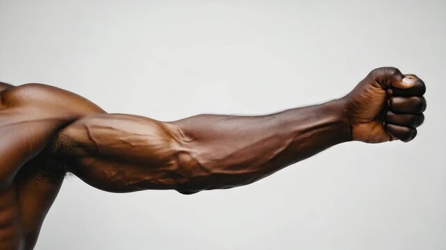 Strong man flexing muscular arm in black and white .